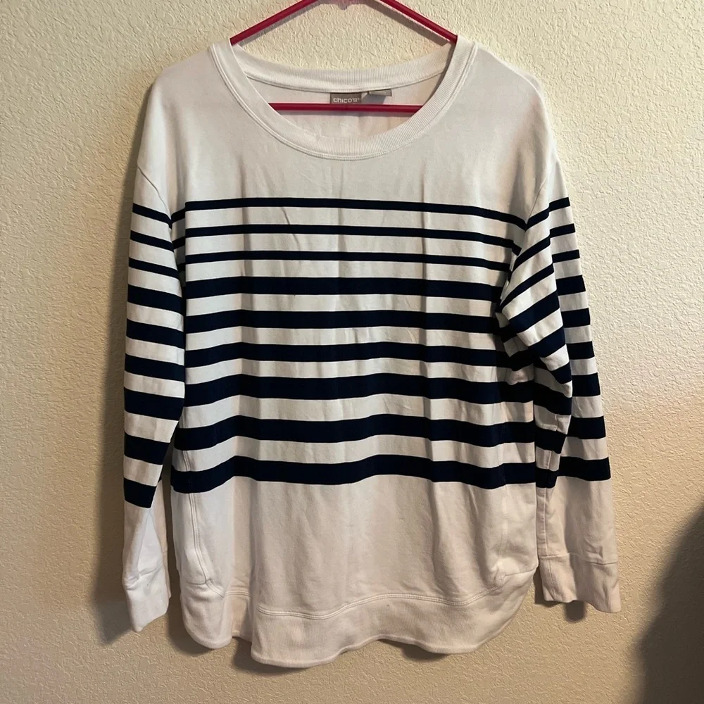 Chico's Blue Striped Crew Neck Sweater Size 1 - Picture 1 of 9